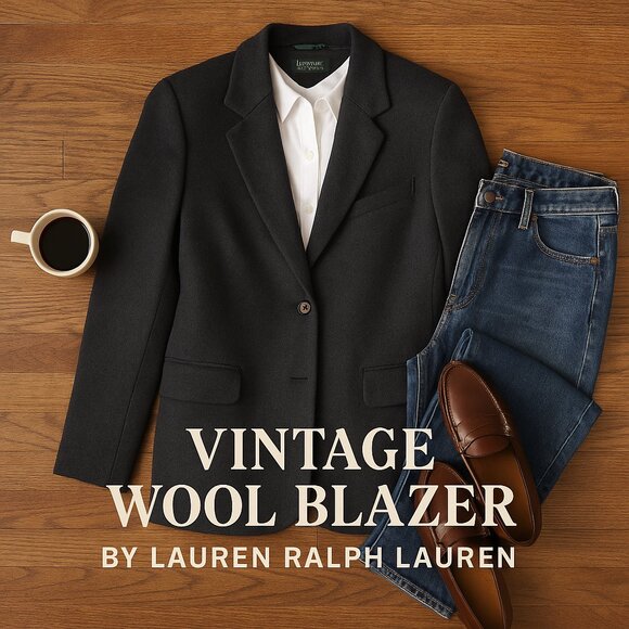 Vintage Lauren Ralph Lauren 100% Wool Blazer Charcoal Gray Tailored Women's L - Picture 1 of 12